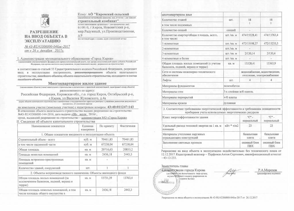 Образец разрешения на введение здания в эксплуатацию
